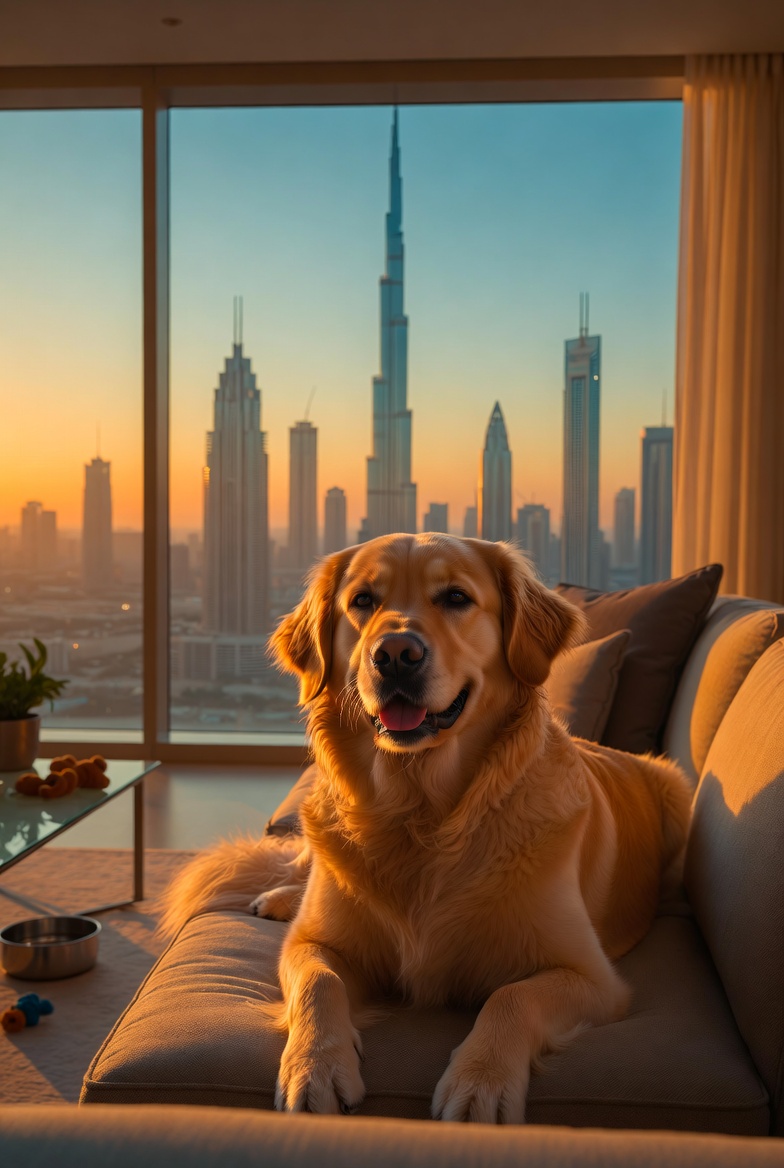 Boldog aranyszínű retriever a kanapén, Dubai látképével